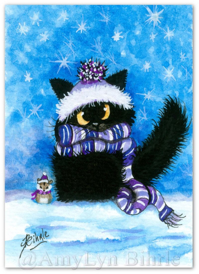 Нарисованный черный кот новогодний
